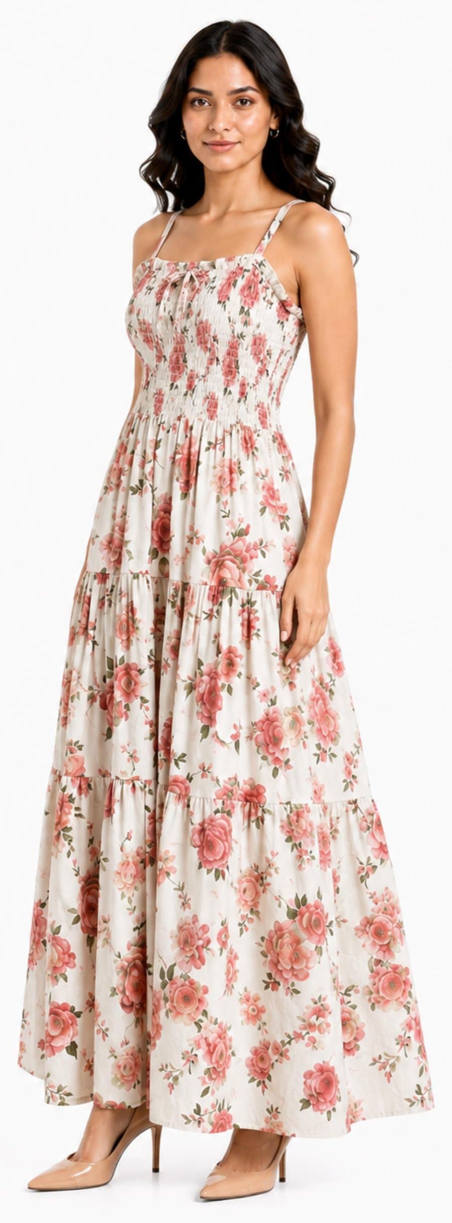 Cream floral tiered maxi dress